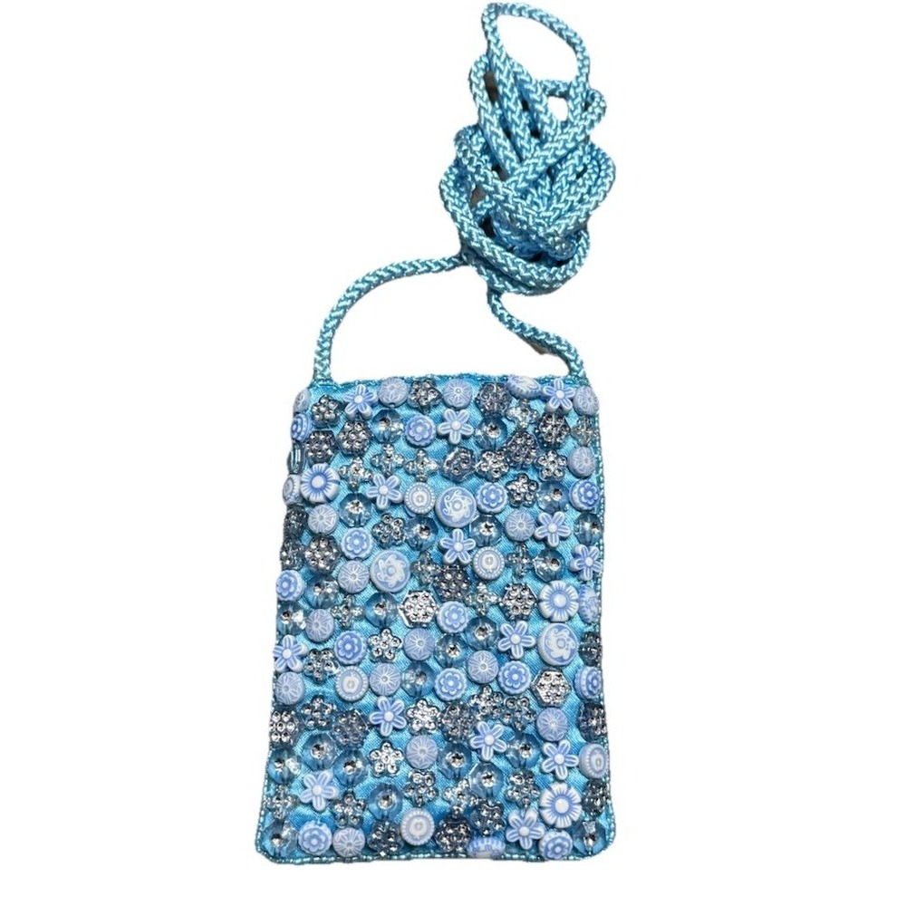 Vintage 1990s Blue Satin Button-Embellished Mini Shoulder Bag